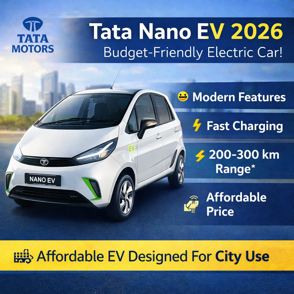 Tata Nano EV 2026 compact electric car with modern design, LED headlights, and urban city-friendly size.