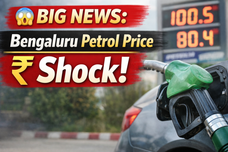 Bengaluru Petrol Price Petrol price increase in Bengaluru with ₹ shock headline and fuel nozzle at petrol bunk