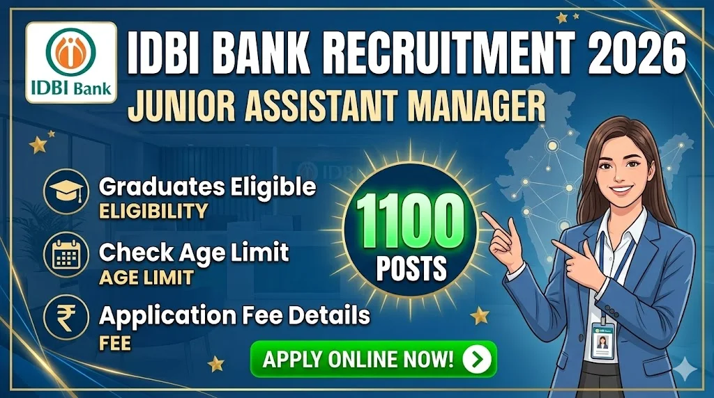 IDBI Bank Recruitment 2026 notification released for 1100 Junior Assistant Manager (JAM) posts. Degree candidates can apply online from 8 March to 19 March 2026. Check eligibility, age limit, salary and selection process.