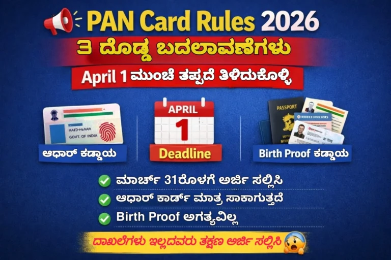 PAN Card Rules 2026 ಕುರಿತು ಮಾಹಿತಿ ನೀಡುವ ಗ್ರಾಫಿಕ್, April 1 ರಿಂದ 3 ದೊಡ್ಡ ಬದಲಾವಣೆಗಳು ಮತ್ತು Aadhaar ಜೊತೆಗೆ Birth Proof ಅಗತ್ಯ ಎಂದು ತೋರಿಸುತ್ತದೆ