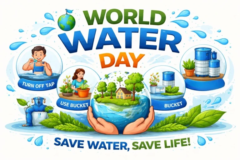 World Water Day 2026 water saving tips illustration showing save water methods at home