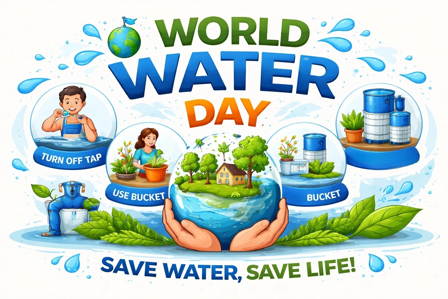 World Water Day 2026 water saving tips illustration showing save water methods at home
